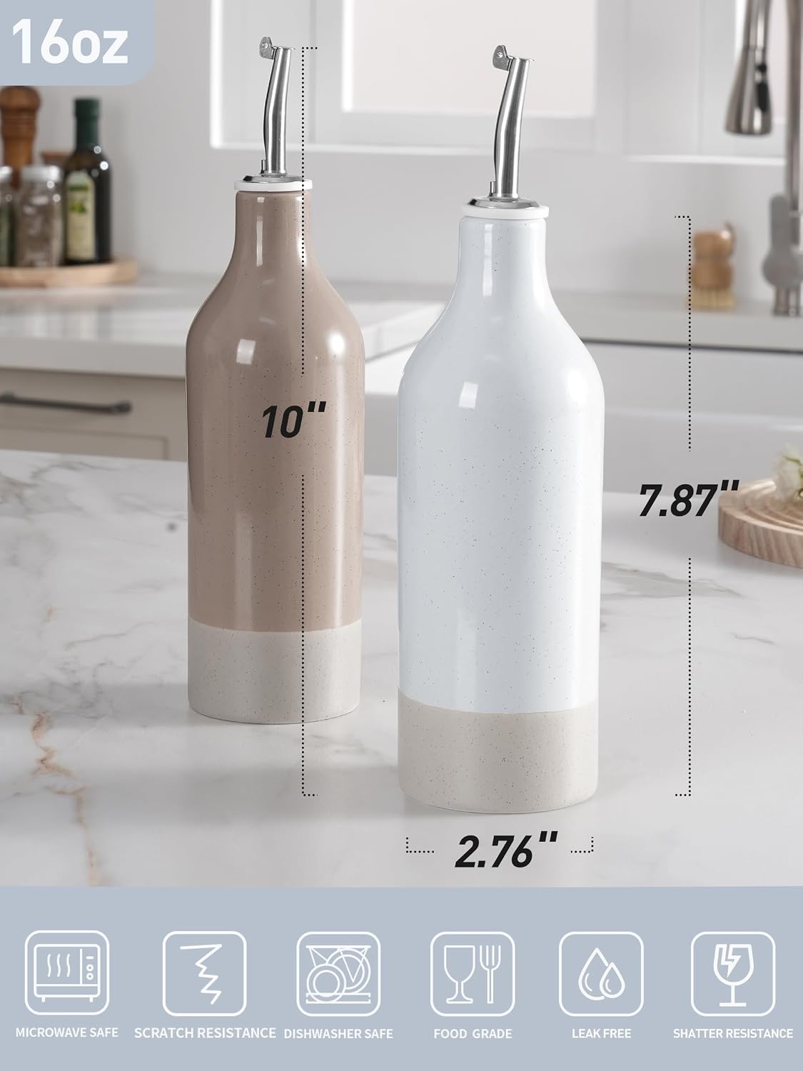 16oz Ceramic Oil Dispenser Bottle, 1 Piece, White | Oil Pourer for Kitchen, Equipped with Stainless Steel Pourers, Suitable for Storing Vinegar, Soy Sauce, Coffee Syrup