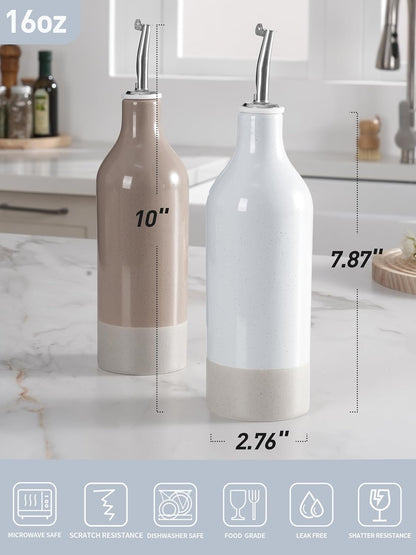 16oz Ceramic Oil Dispenser Bottle, 1 Piece, White | Oil Pourer for Kitchen, Equipped with Stainless Steel Pourers, Suitable for Storing Vinegar, Soy Sauce, Coffee Syrup