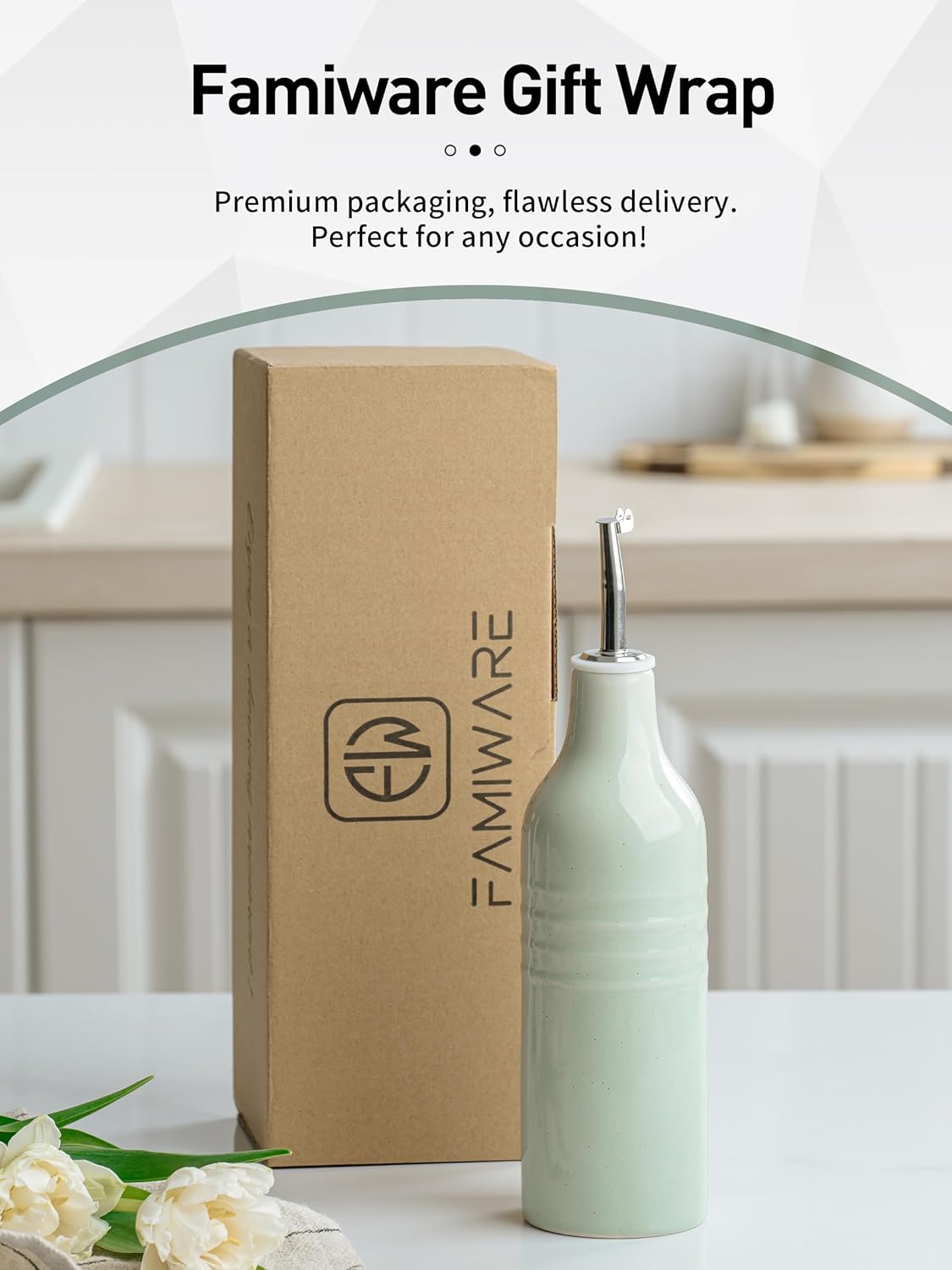 16oz Ceramic Oil Dispenser Bottle, 1 Piece, White | Oil Pourer for Kitchen, Equipped with Stainless Steel Pourers, Suitable for Storing Vinegar, Soy Sauce, Coffee Syrup