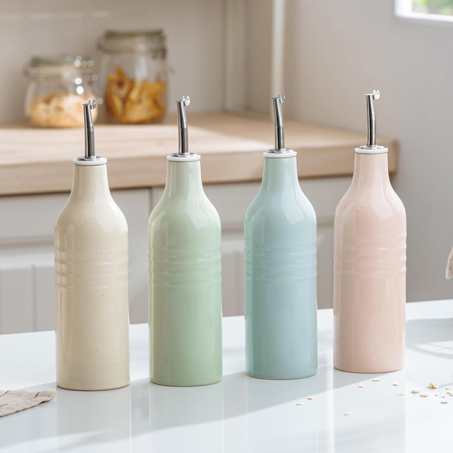 16oz Ceramic Oil Dispenser Bottle, 1 Piece, White | Oil Pourer for Kitchen, Equipped with Stainless Steel Pourers, Suitable for Storing Vinegar, Soy Sauce, Coffee Syrup