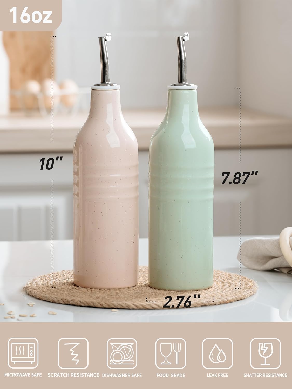 16oz Ceramic Oil Dispenser Bottle, 1 Piece, White | Oil Pourer for Kitchen, Equipped with Stainless Steel Pourers, Suitable for Storing Vinegar, Soy Sauce, Coffee Syrup