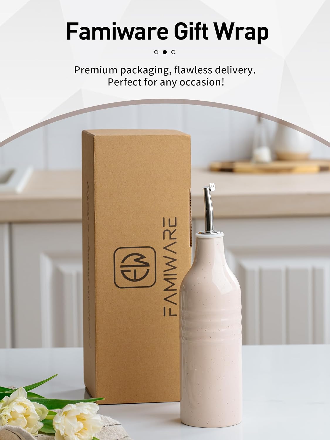 16oz Ceramic Oil Dispenser Bottle, 1 Piece, White | Oil Pourer for Kitchen, Equipped with Stainless Steel Pourers, Suitable for Storing Vinegar, Soy Sauce, Coffee Syrup