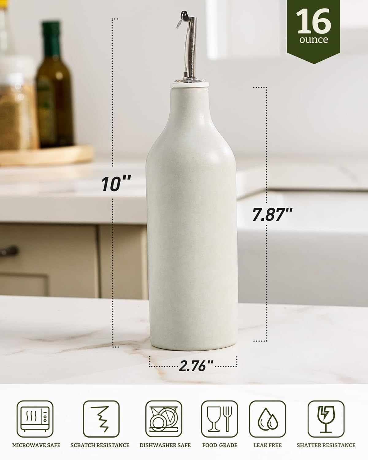 16oz Ceramic Oil Dispenser Bottle, 1 Piece, White | Oil Pourer for Kitchen, Equipped with Stainless Steel Pourers, Suitable for Storing Vinegar, Soy Sauce, Coffee Syrup