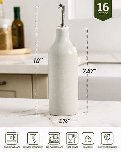 16oz Ceramic Oil Dispenser Bottle, 1 Piece, White | Oil Pourer for Kitchen, Equipped with Stainless Steel Pourers, Suitable for Storing Vinegar, Soy Sauce, Coffee Syrup