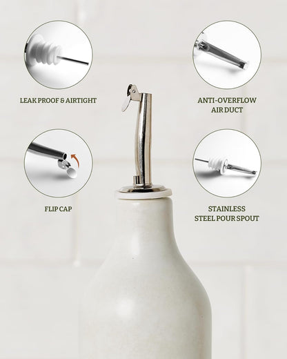 16oz Ceramic Oil Dispenser Bottle, 1 Piece, White | Oil Pourer for Kitchen, Equipped with Stainless Steel Pourers, Suitable for Storing Vinegar, Soy Sauce, Coffee Syrup