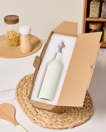 16oz Ceramic Oil Dispenser Bottle, 1 Piece, White | Oil Pourer for Kitchen, Equipped with Stainless Steel Pourers, Suitable for Storing Vinegar, Soy Sauce, Coffee Syrup