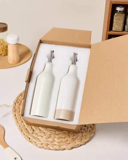 16oz Ceramic Oil Dispenser Bottle, 1 Piece, White | Oil Pourer for Kitchen, Equipped with Stainless Steel Pourers, Suitable for Storing Vinegar, Soy Sauce, Coffee Syrup