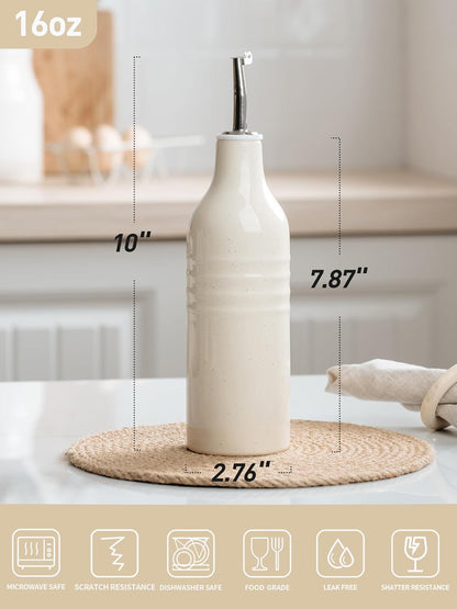 16oz Ceramic Oil Dispenser Bottle, 1 Piece, White | Oil Pourer for Kitchen, Equipped with Stainless Steel Pourers, Suitable for Storing Vinegar, Soy Sauce, Coffee Syrup