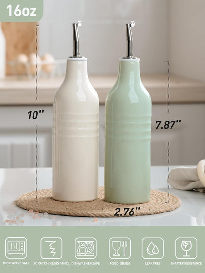 16oz Ceramic Oil Dispenser Bottle, 1 Piece, White | Oil Pourer for Kitchen, Equipped with Stainless Steel Pourers, Suitable for Storing Vinegar, Soy Sauce, Coffee Syrup