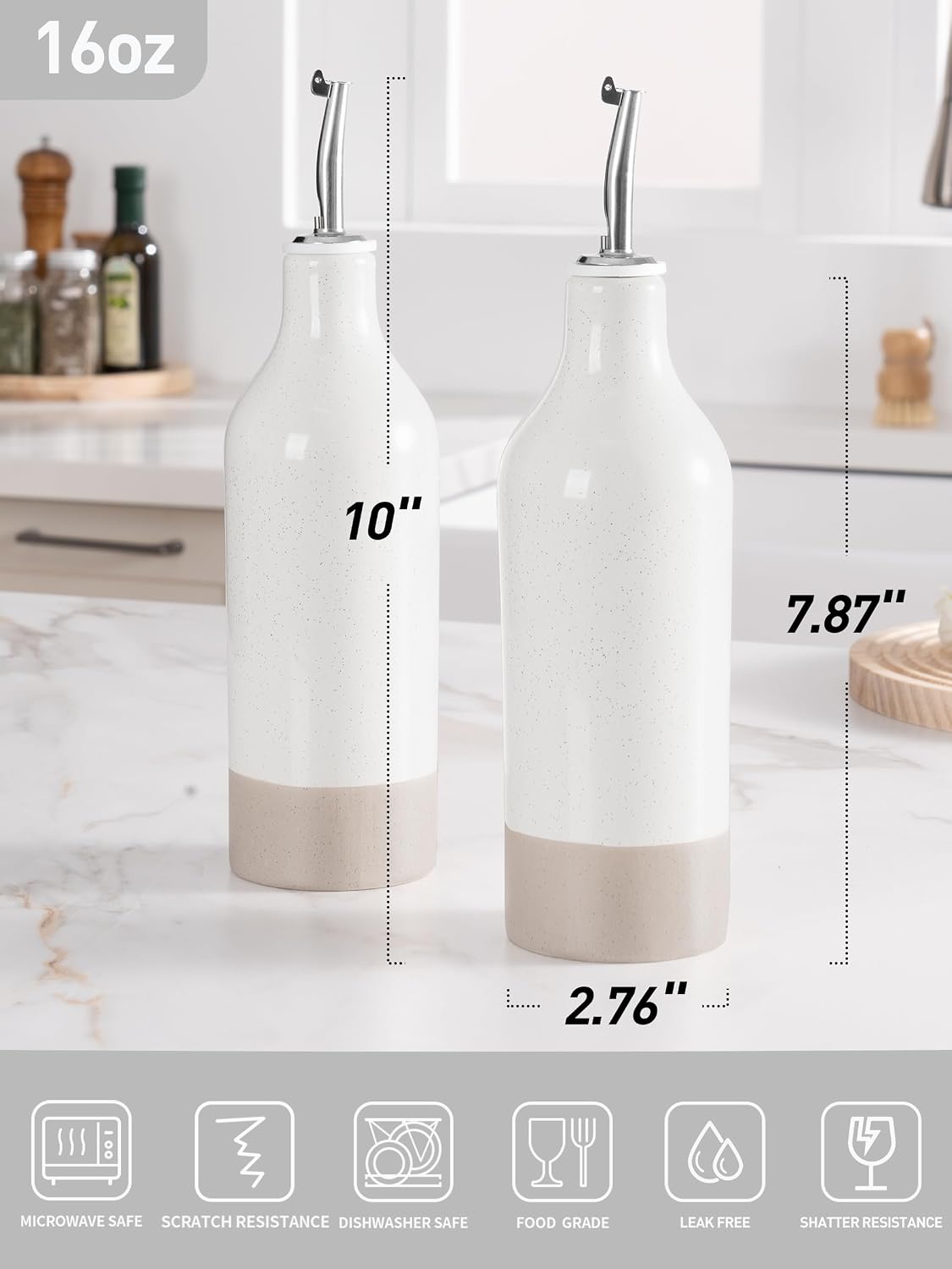 16oz Ceramic Oil Dispenser Bottle, 1 Piece, White | Oil Pourer for Kitchen, Equipped with Stainless Steel Pourers, Suitable for Storing Vinegar, Soy Sauce, Coffee Syrup