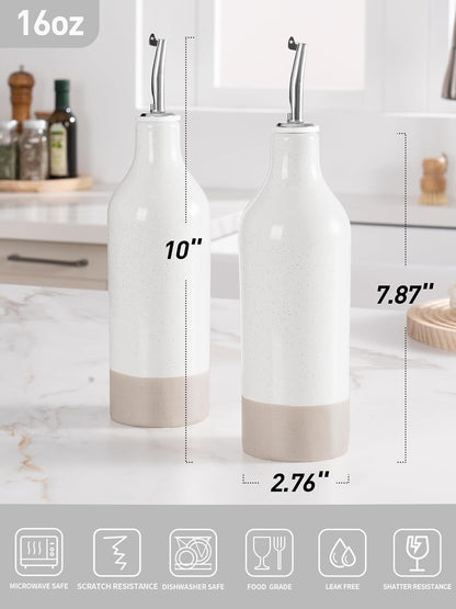 16oz Ceramic Oil Dispenser Bottle, 1 Piece, White | Oil Pourer for Kitchen, Equipped with Stainless Steel Pourers, Suitable for Storing Vinegar, Soy Sauce, Coffee Syrup