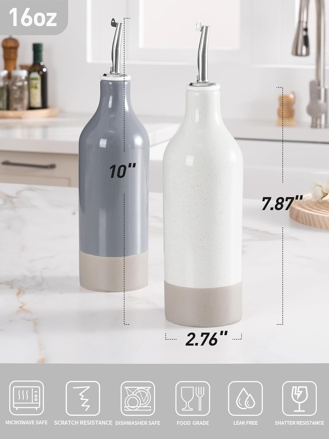 16oz Ceramic Oil Dispenser Bottle, 1 Piece, White | Oil Pourer for Kitchen, Equipped with Stainless Steel Pourers, Suitable for Storing Vinegar, Soy Sauce, Coffee Syrup