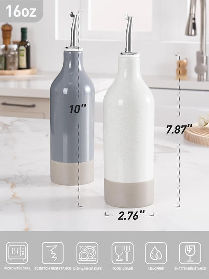 16oz Ceramic Oil Dispenser Bottle, 1 Piece, White | Oil Pourer for Kitchen, Equipped with Stainless Steel Pourers, Suitable for Storing Vinegar, Soy Sauce, Coffee Syrup