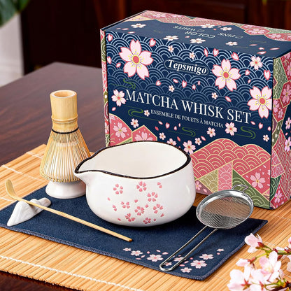 Matcha Whisk Set 7 Pcs Matcha Bowl Bamboo Whisk Kit Gift for Tea Lovers | Matcha Starter Kit with Bowl, Bamboo Whisk & Holder, Scoop, Sifter, Scoop Rest, Ideal Gifts for Women, Mom, Tea Lovers
