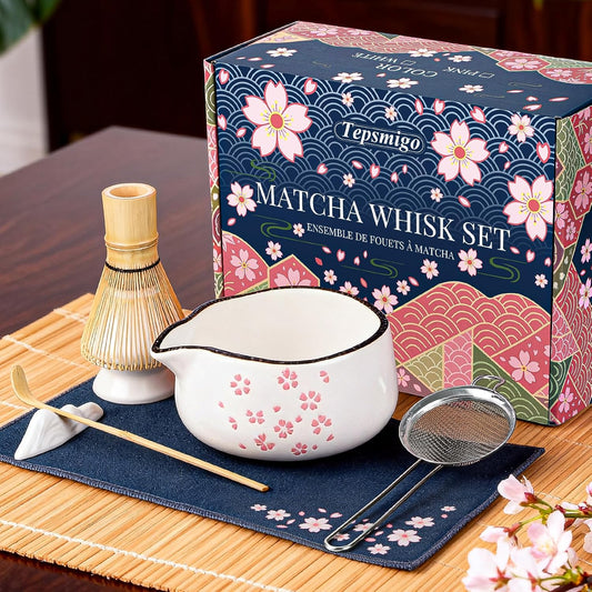 Matcha Whisk Set 7 Pcs Matcha Bowl Bamboo Whisk Kit Gift for Tea Lovers | Matcha Starter Kit with Bowl, Bamboo Whisk & Holder, Scoop, Sifter, Scoop Rest, Ideal Gifts for Women, Mom, Tea Lovers
