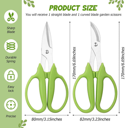 2 Pcs Garden Scissors Shears Trimming Scissors Pruning Floral Shears for Herb Flowers Plants with Straight and Curved Blade for Gardening (Curved,Straght)