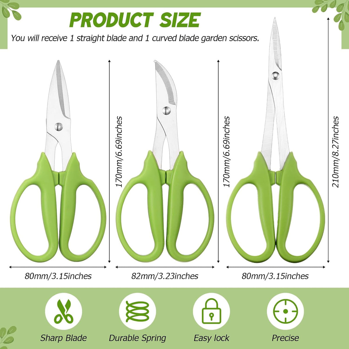 2 Pcs Garden Scissors Shears Trimming Scissors Pruning Floral Shears for Herb Flowers Plants with Straight and Curved Blade for Gardening (Curved,Straght)