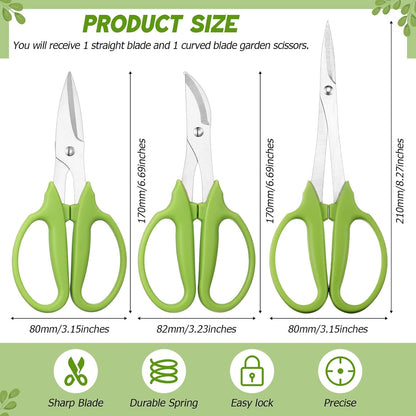 2 Pcs Garden Scissors Shears Trimming Scissors Pruning Floral Shears for Herb Flowers Plants with Straight and Curved Blade for Gardening (Curved,Straght)