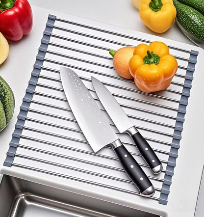 Roll Up Dish Drying Rack, Stainless Steel and Silicone Dish Drying Mat Over The Sink Foldable Drain Rack Multipurpose Dish Drainer for Kitchen, 14.5” x 14”, Gray