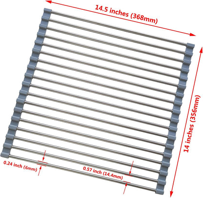 Roll Up Dish Drying Rack, Stainless Steel and Silicone Dish Drying Mat Over The Sink Foldable Drain Rack Multipurpose Dish Drainer for Kitchen, 14.5” x 14”, Gray