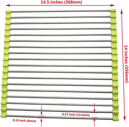 Roll Up Dish Drying Rack, Stainless Steel and Silicone Dish Drying Mat Over The Sink Foldable Drain Rack Multipurpose Dish Drainer for Kitchen, 14.5” x 14”, Gray