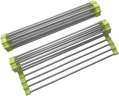 Roll Up Dish Drying Rack, Stainless Steel and Silicone Dish Drying Mat Over The Sink Foldable Drain Rack Multipurpose Dish Drainer for Kitchen, 14.5” x 14”, Gray