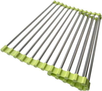 Roll Up Dish Drying Rack, Stainless Steel and Silicone Dish Drying Mat Over The Sink Foldable Drain Rack Multipurpose Dish Drainer for Kitchen, 14.5” x 14”, Gray