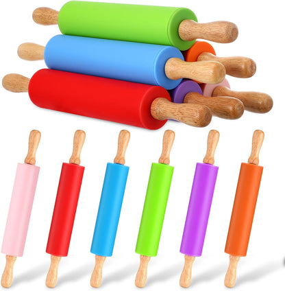 6 Pcs Small Rolling Pin Kids 12 Inch Mini Silicone Rolling Pin for Baking Non Stick Kids Dough Roller with Wooden Handle for Kitchen Cookie Pastry Fondant Cake 6 Colors