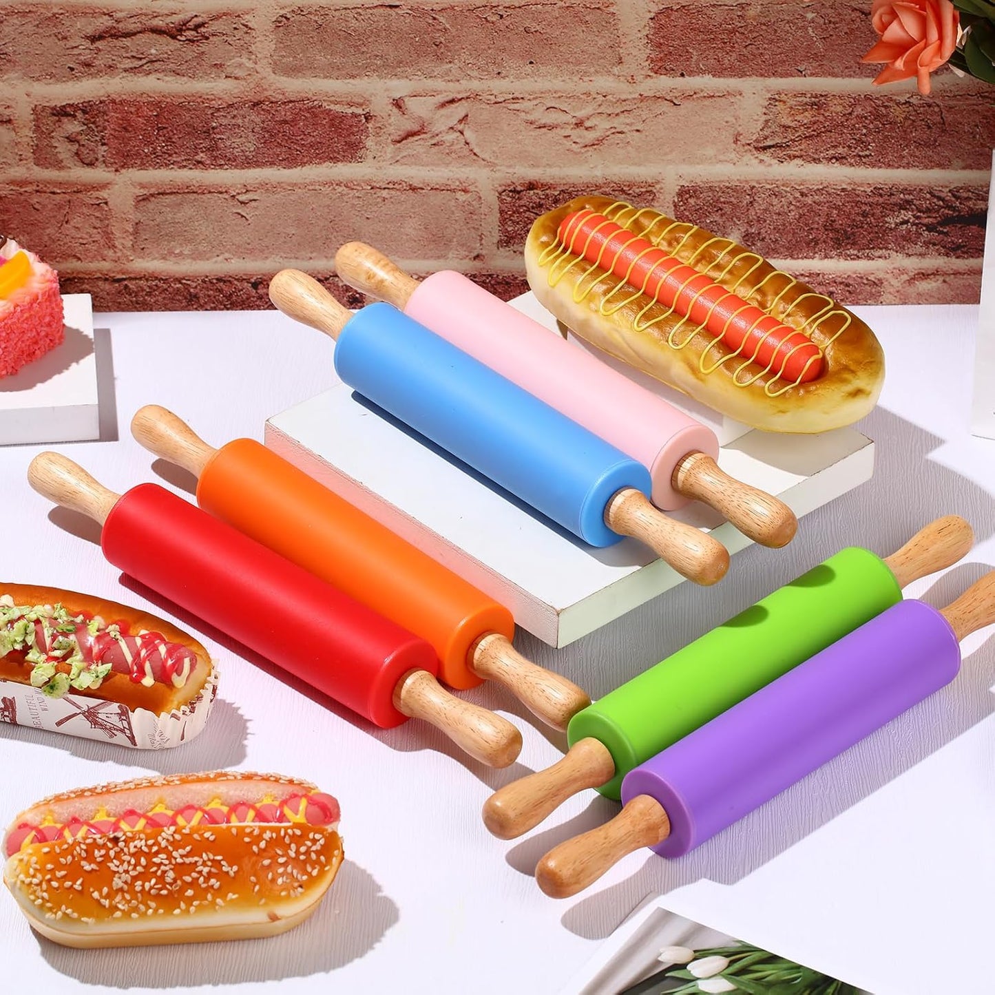6 Pcs Small Rolling Pin Kids 12 Inch Mini Silicone Rolling Pin for Baking Non Stick Kids Dough Roller with Wooden Handle for Kitchen Cookie Pastry Fondant Cake 6 Colors