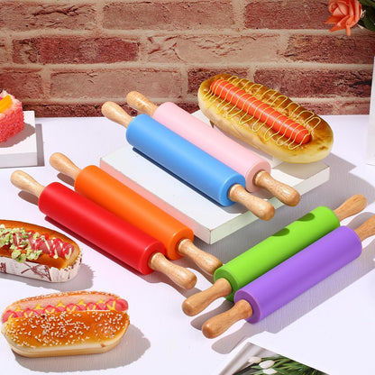 6 Pcs Small Rolling Pin Kids 12 Inch Mini Silicone Rolling Pin for Baking Non Stick Kids Dough Roller with Wooden Handle for Kitchen Cookie Pastry Fondant Cake 6 Colors