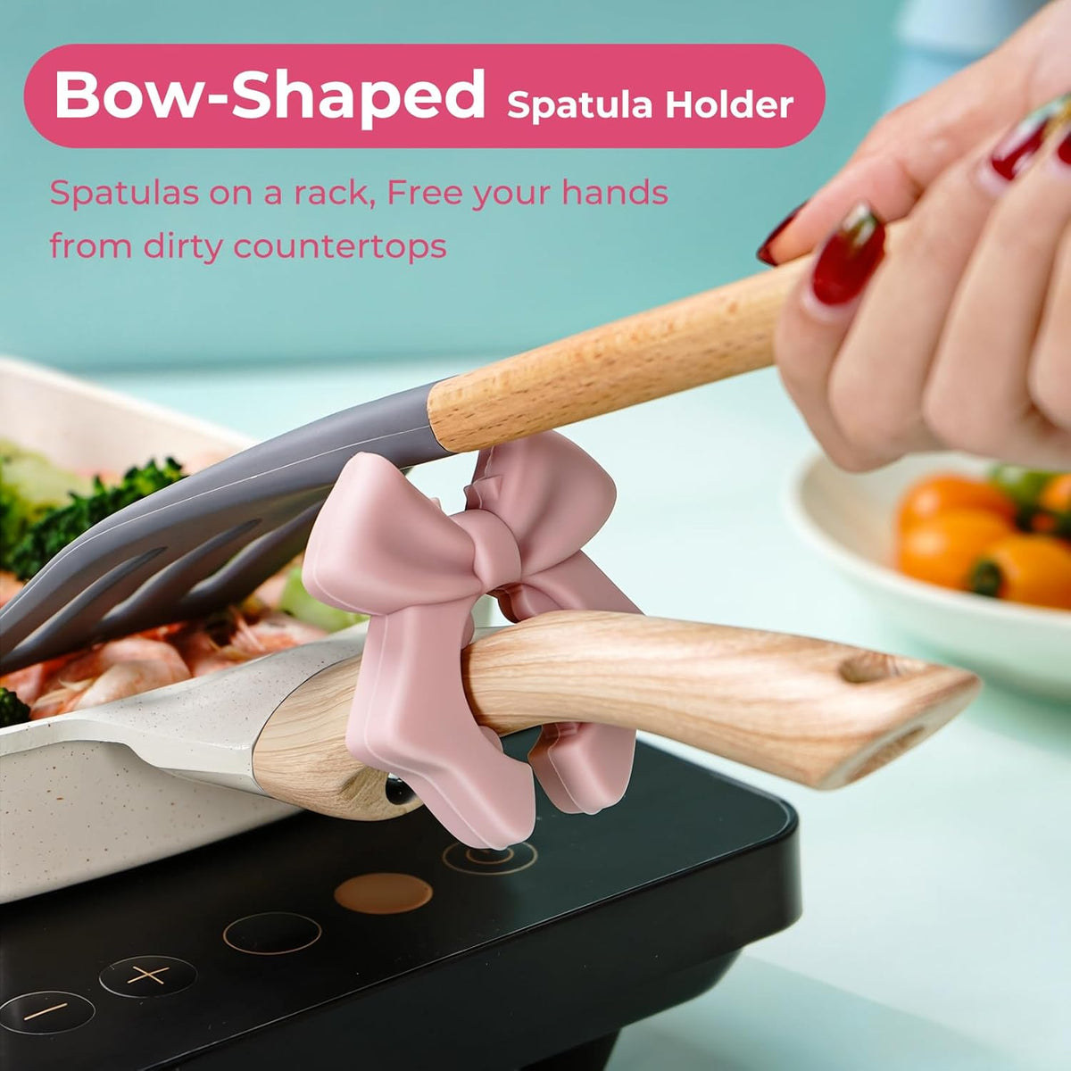 Bow Spoon Holder Cute Spoon Rest for Stove Top, Steam Releaser & Lid Lifter – Heat Resistant Silicone Cooking Gadget, Cute Kitchen Accessories, Gift for Home Cooks