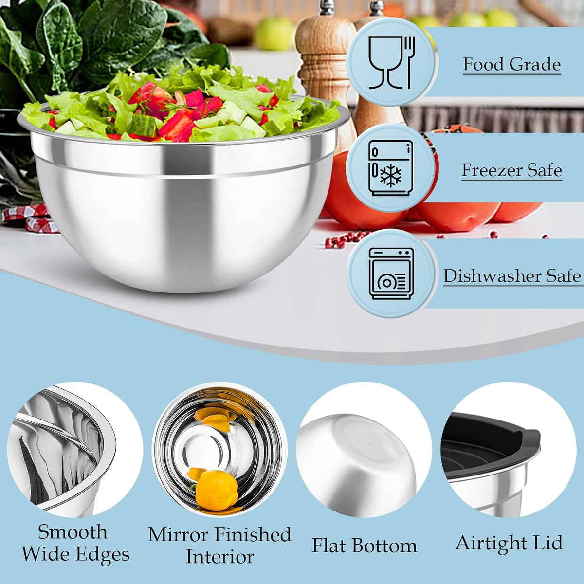 Mixing Bowls, Stainless Steel Nesting Salad Bowls Set