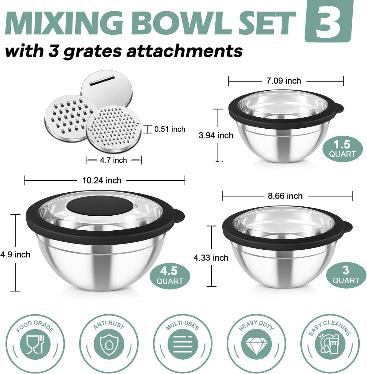 Mixing Bowls, Stainless Steel Nesting Salad Bowls Set