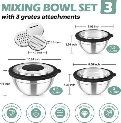 Mixing Bowls, Stainless Steel Nesting Salad Bowls Set