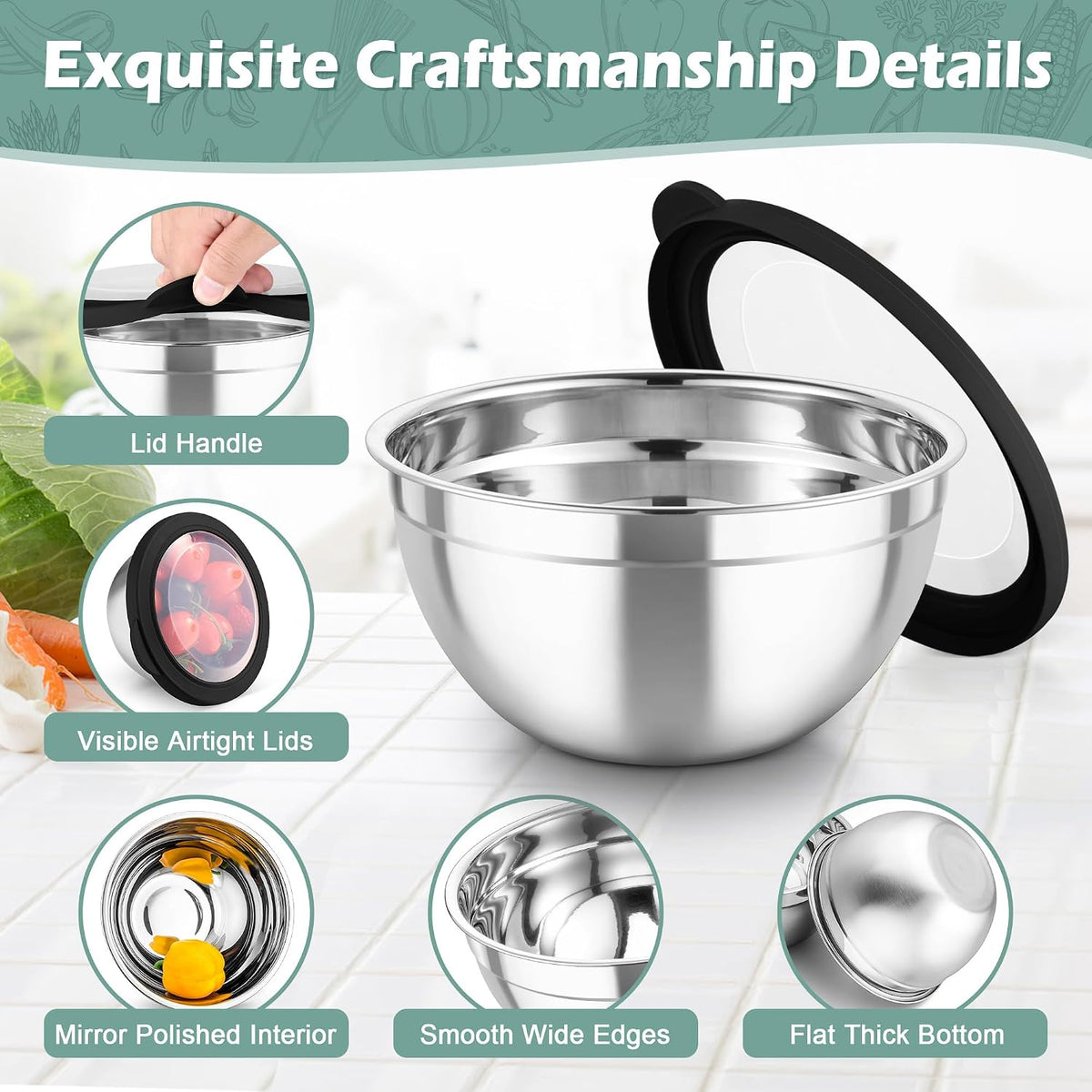 Mixing Bowls, Stainless Steel Nesting Salad Bowls Set