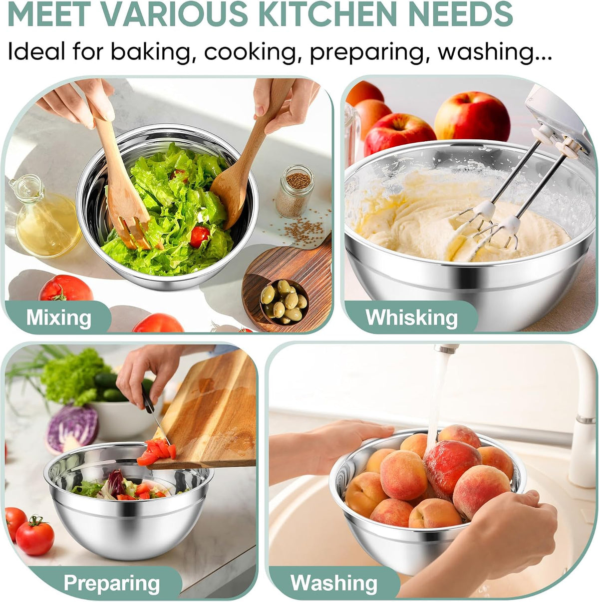 Mixing Bowls, Stainless Steel Nesting Salad Bowls Set
