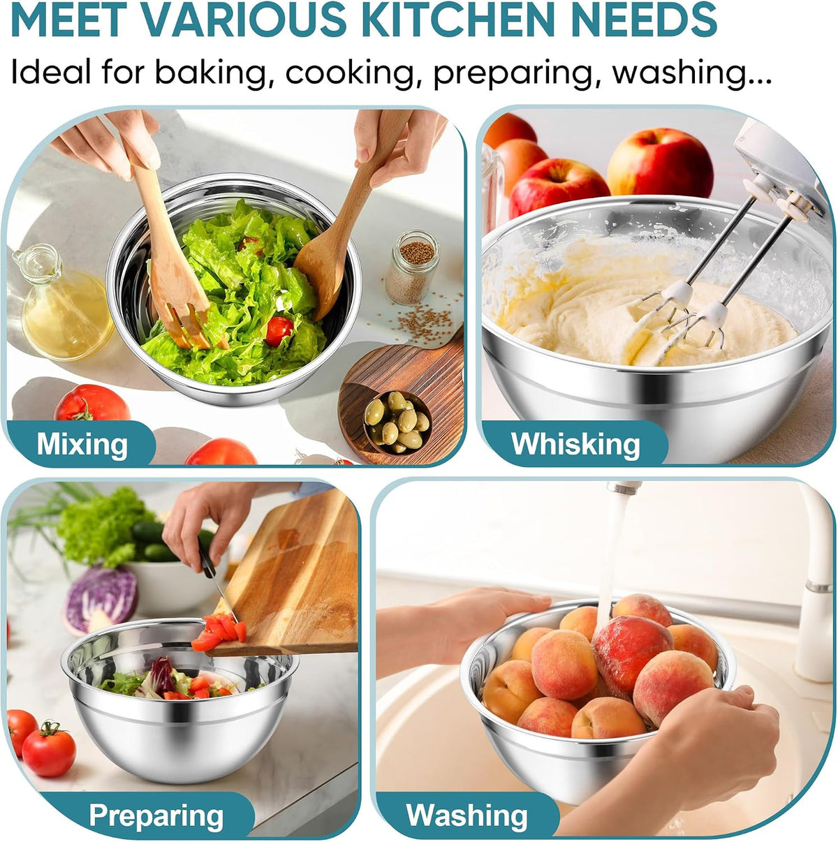 Mixing Bowls, Stainless Steel Nesting Salad Bowls Set