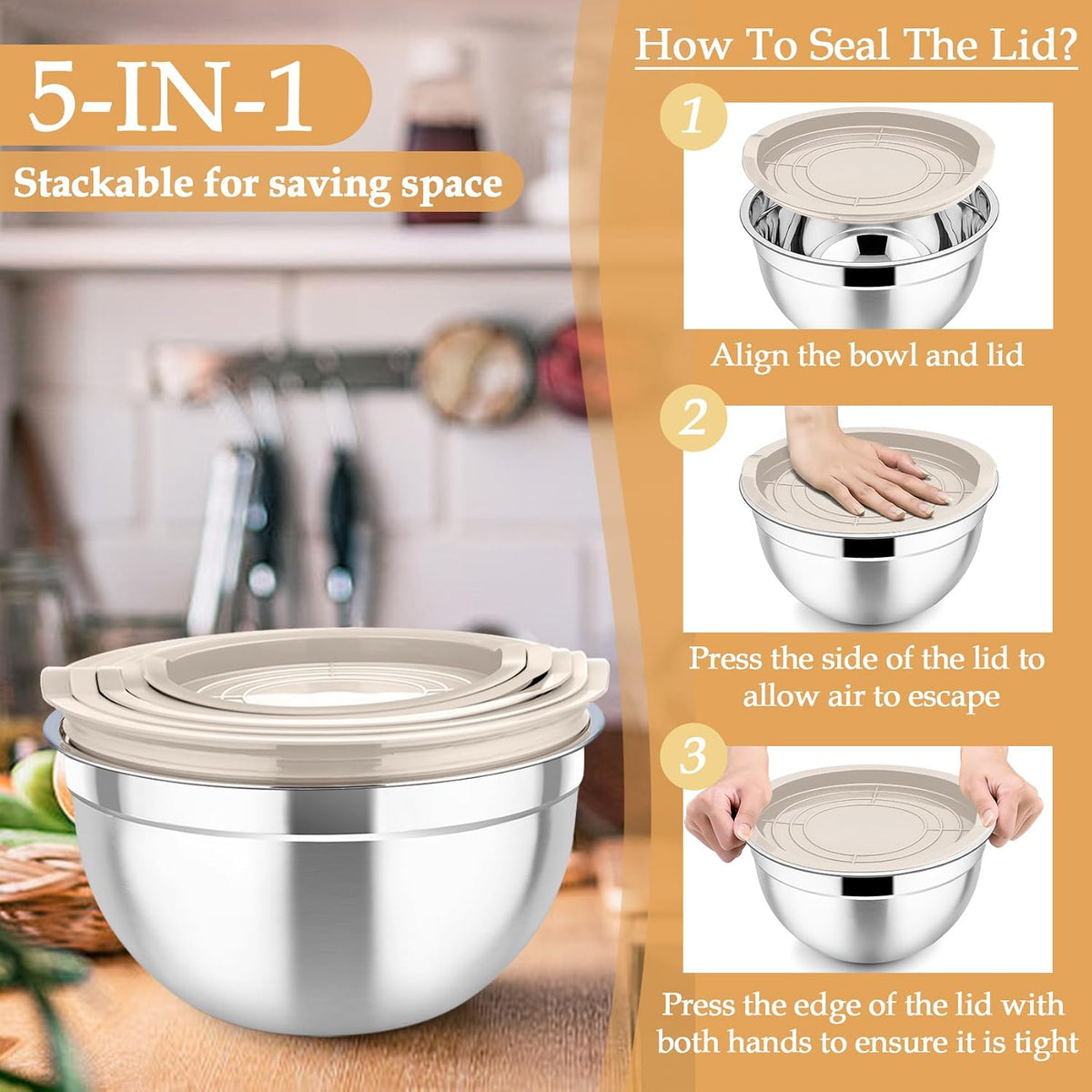 Mixing Bowls, Stainless Steel Nesting Salad Bowls Set