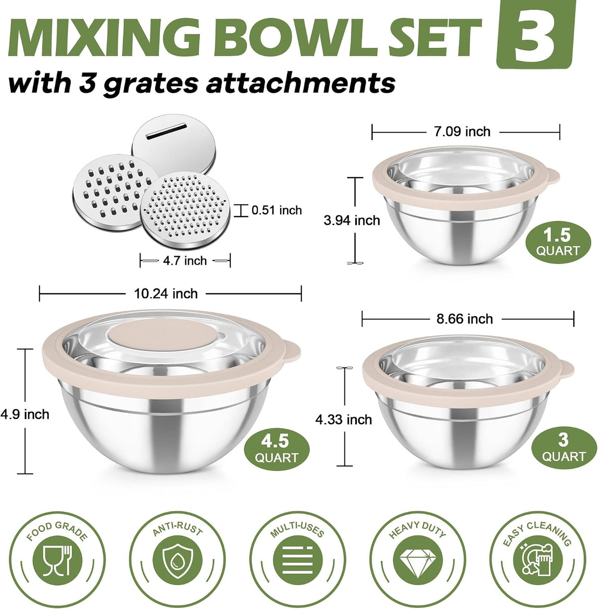 Mixing Bowls, Stainless Steel Nesting Salad Bowls Set