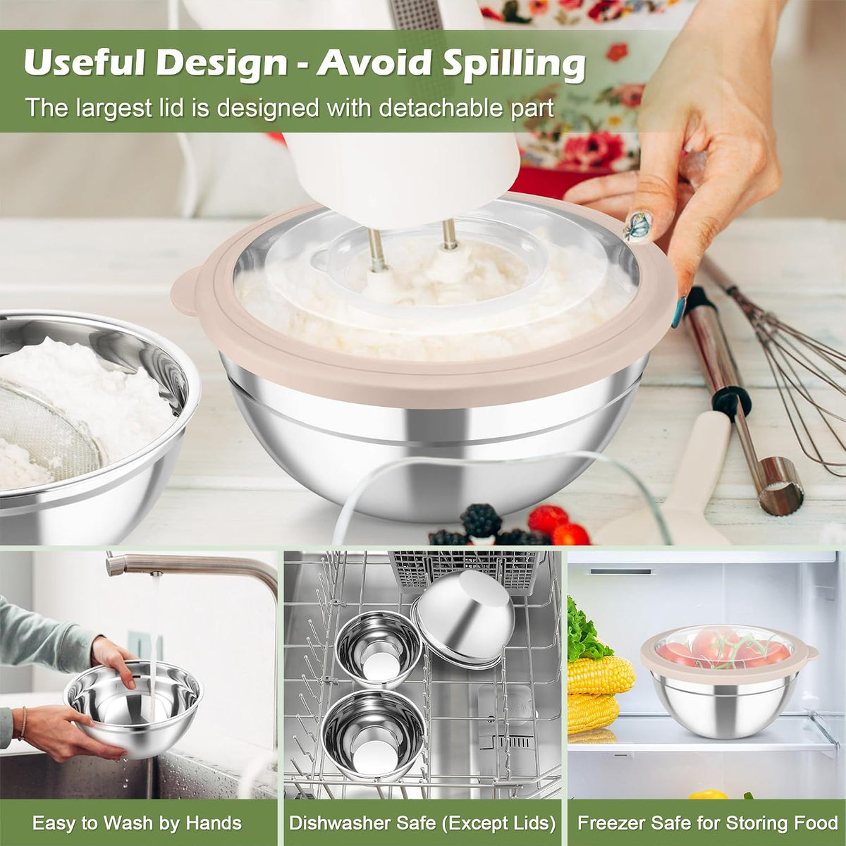 Mixing Bowls, Stainless Steel Nesting Salad Bowls Set