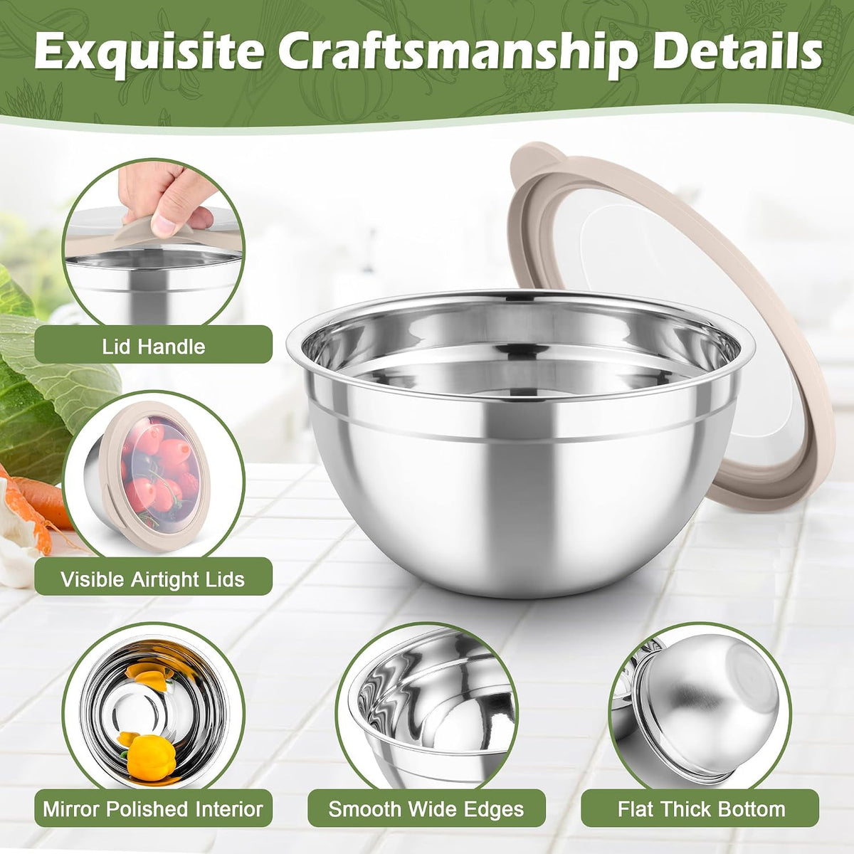 Mixing Bowls, Stainless Steel Nesting Salad Bowls Set