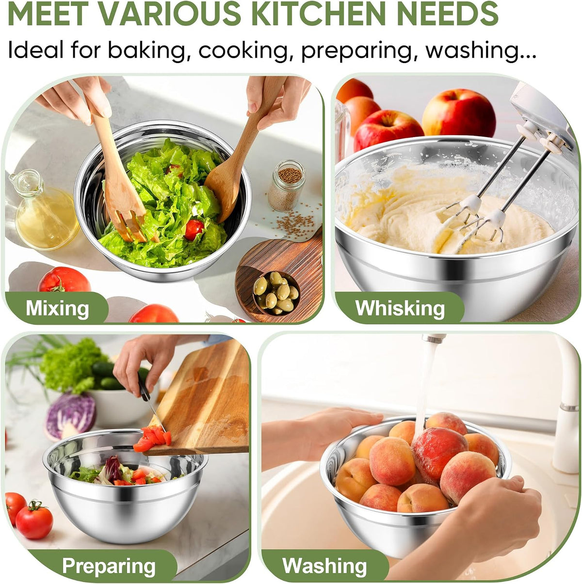 Mixing Bowls, Stainless Steel Nesting Salad Bowls Set