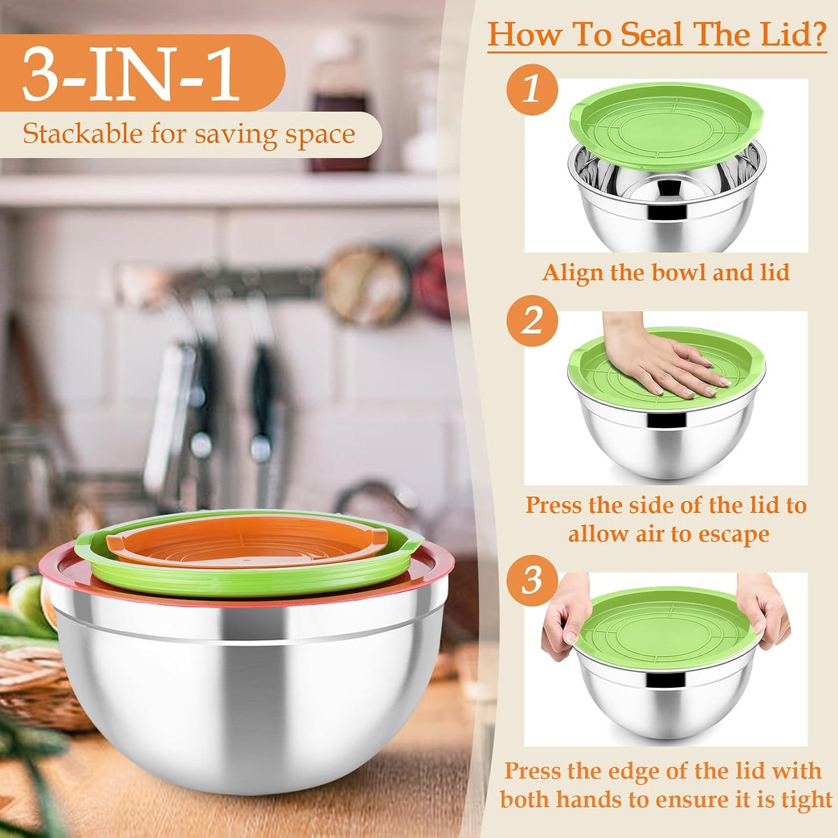 Mixing Bowls, Stainless Steel Nesting Salad Bowls Set