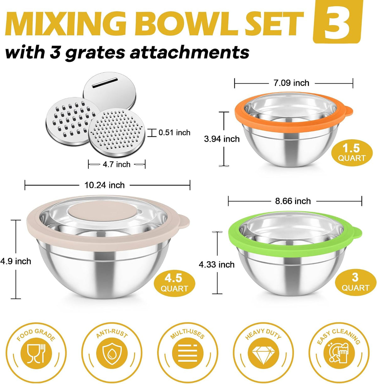 Mixing Bowls, Stainless Steel Nesting Salad Bowls Set