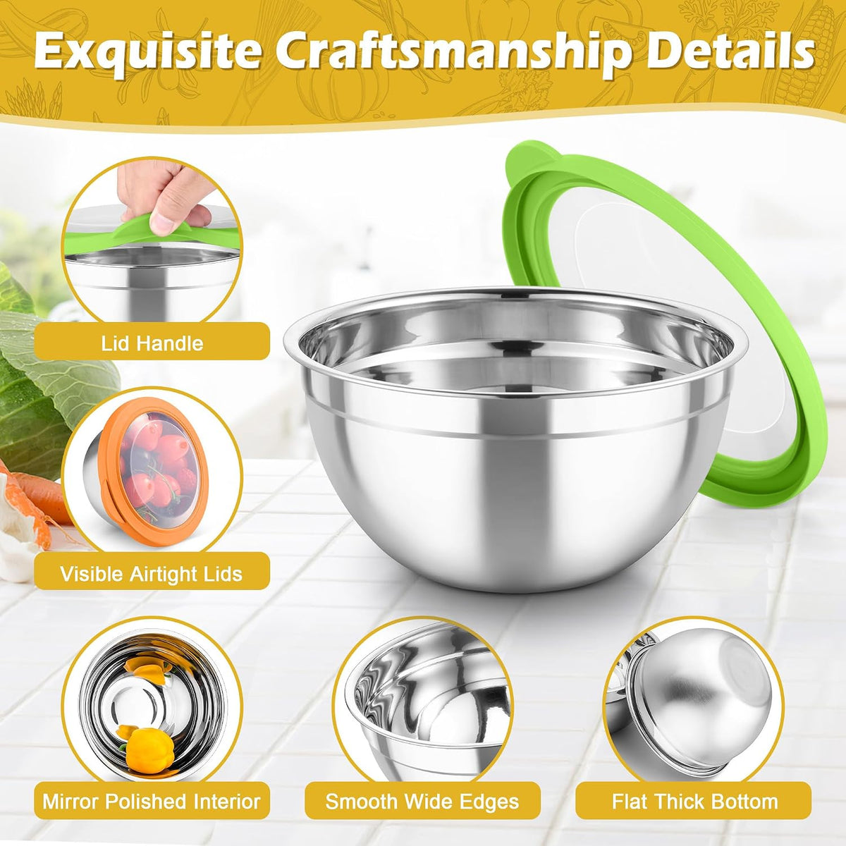 Mixing Bowls, Stainless Steel Nesting Salad Bowls Set