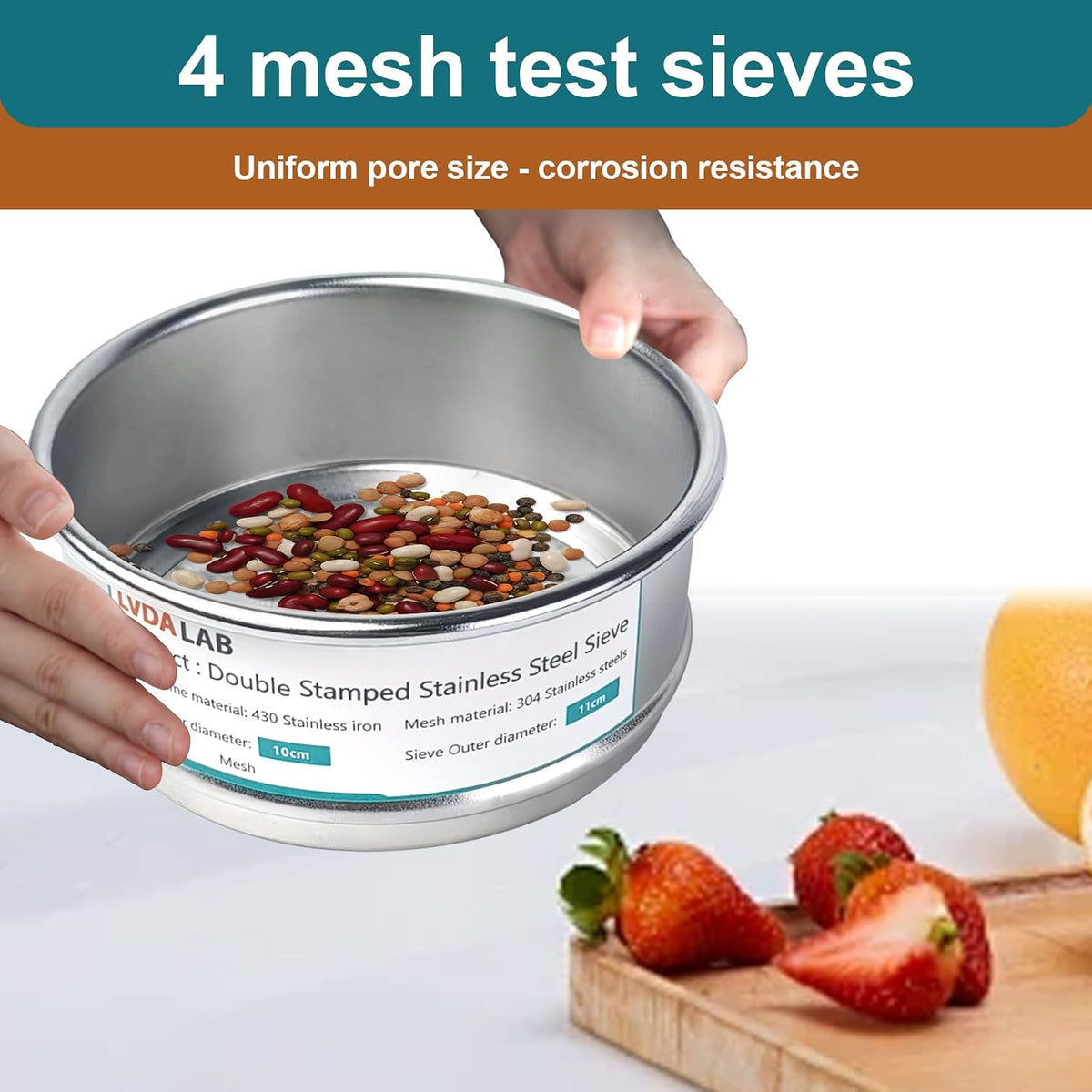 4" (10cm) 304 Stainless Steel Lab Sieve, 80 Mesh (0.2mm) Screen Sifter - Colors B