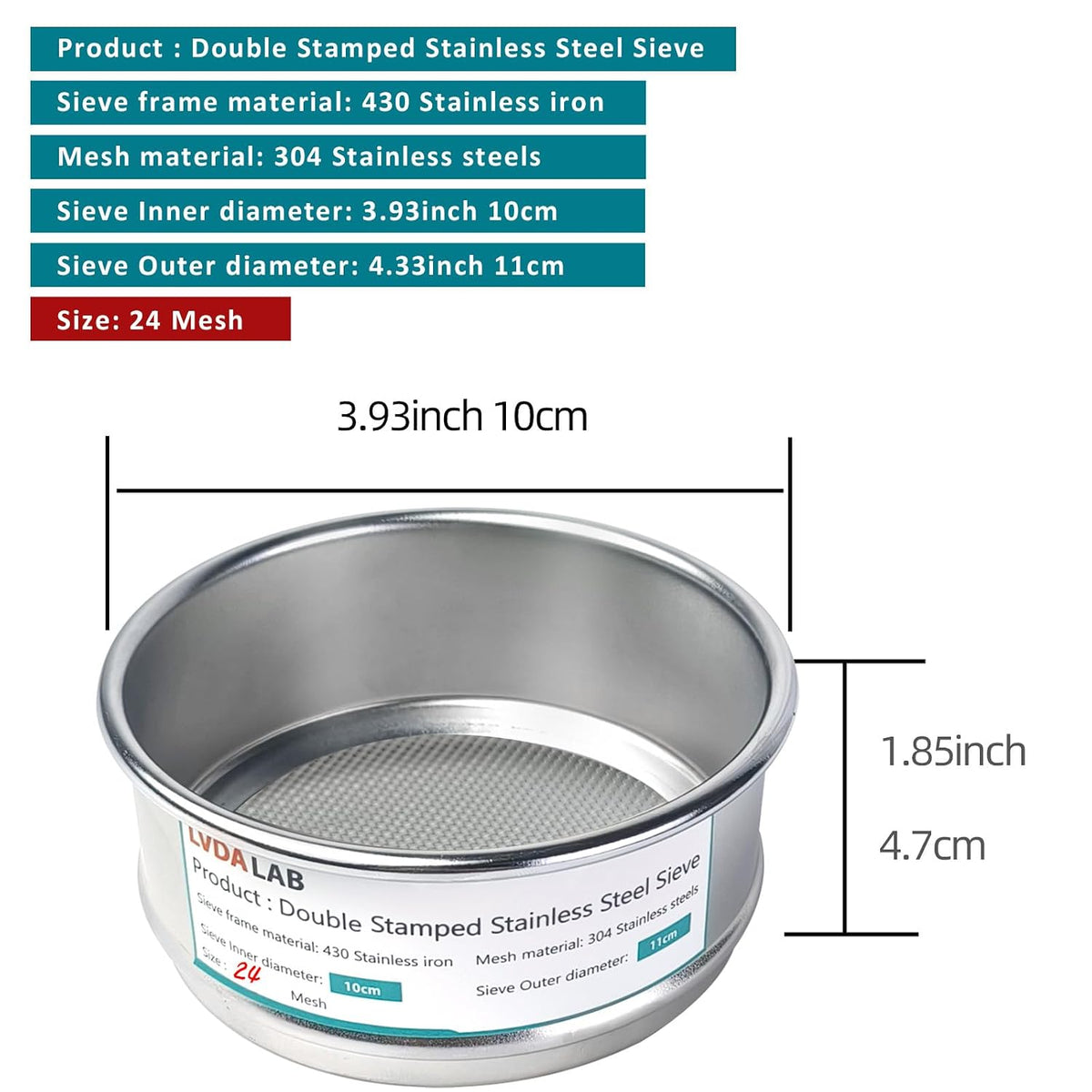 4" (10cm) 304 Stainless Steel Lab Sieve, 80 Mesh (0.2mm) Screen Sifter - Colors B