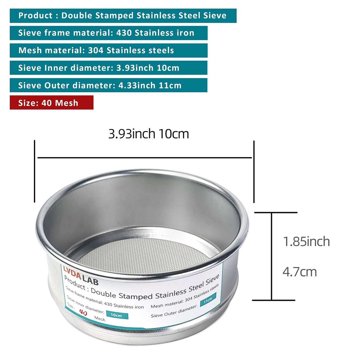 4" (10cm) 304 Stainless Steel Lab Sieve, 80 Mesh (0.2mm) Screen Sifter - Colors B
