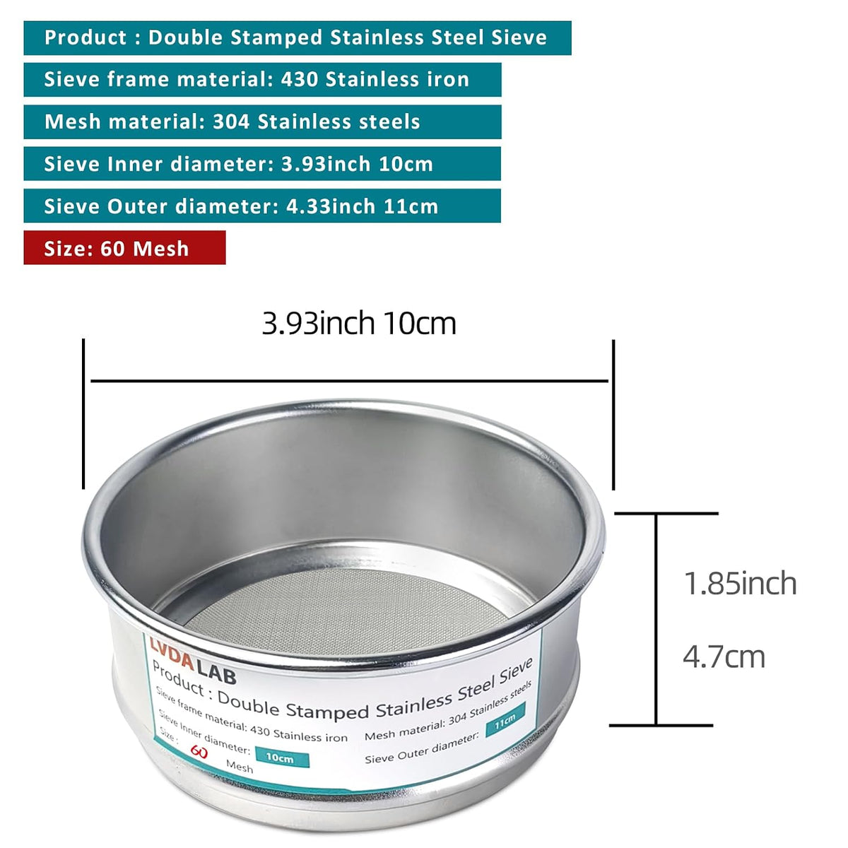 4" (10cm) 304 Stainless Steel Lab Sieve, 80 Mesh (0.2mm) Screen Sifter - Colors B