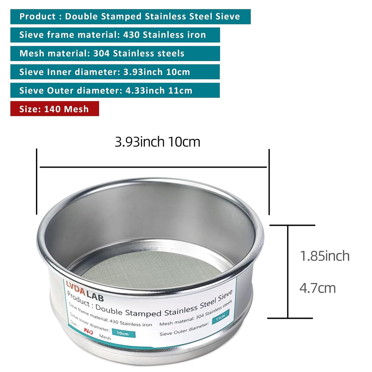 4" (10cm) 304 Stainless Steel Lab Sieve, 80 Mesh (0.2mm) Screen Sifter - Colors B